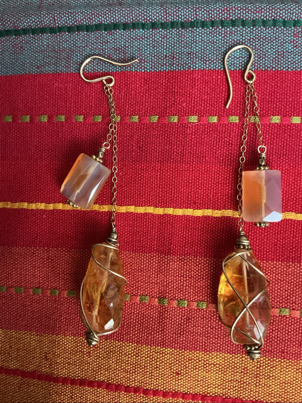 Artisan Citrine and Chalcedony Wire-Wrapped Dangle Earrings Gold Tone